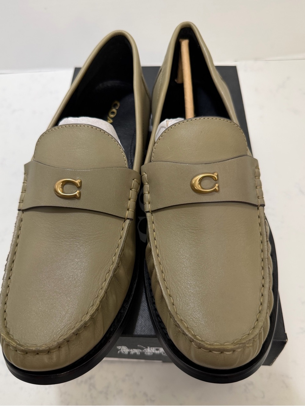 Coach woman’s Olive Green Leather Slip-On Loafers with Gold Accent - Picture 7 of 11